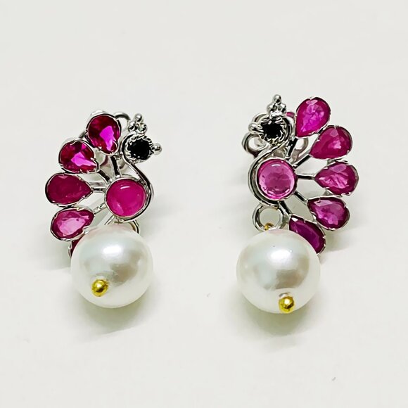 Sterling Silver Peacock Shape Indian Embedded Ruby & Pearl Handmade Earrings - Picture 3 of 4